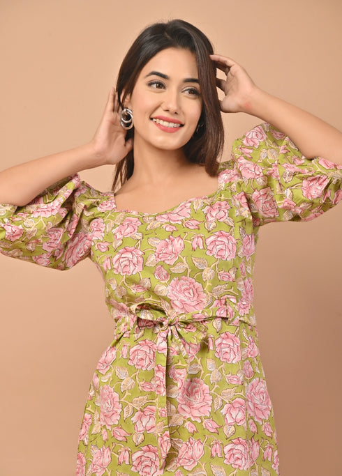 Pear Green Hand Block Print Cotton Dress (CRD07)